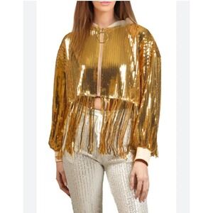 Nikki Lund Cherilyn Gold Sequin Fringe Bomber Jacket Zip Up Metallic XL *READ*